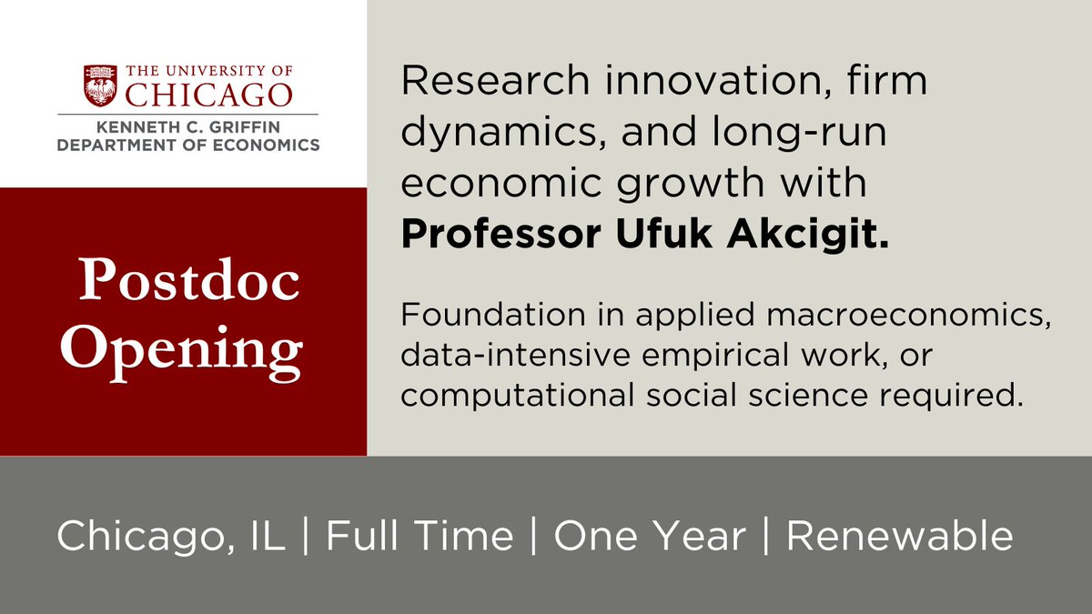 We invite applications for a postdoctoral position under the supervision of <a href="/ProfUfukAkcigit/">Ufuk Akçiğit</a>. Learn more and apply: economics.uchicago.edu/sites/default/…

EOE/Vet/Disability
#UChicago #AcademicJobs #Macroeconomics #FirmDynamics #EconJobMarket #ComputationalSocialScience