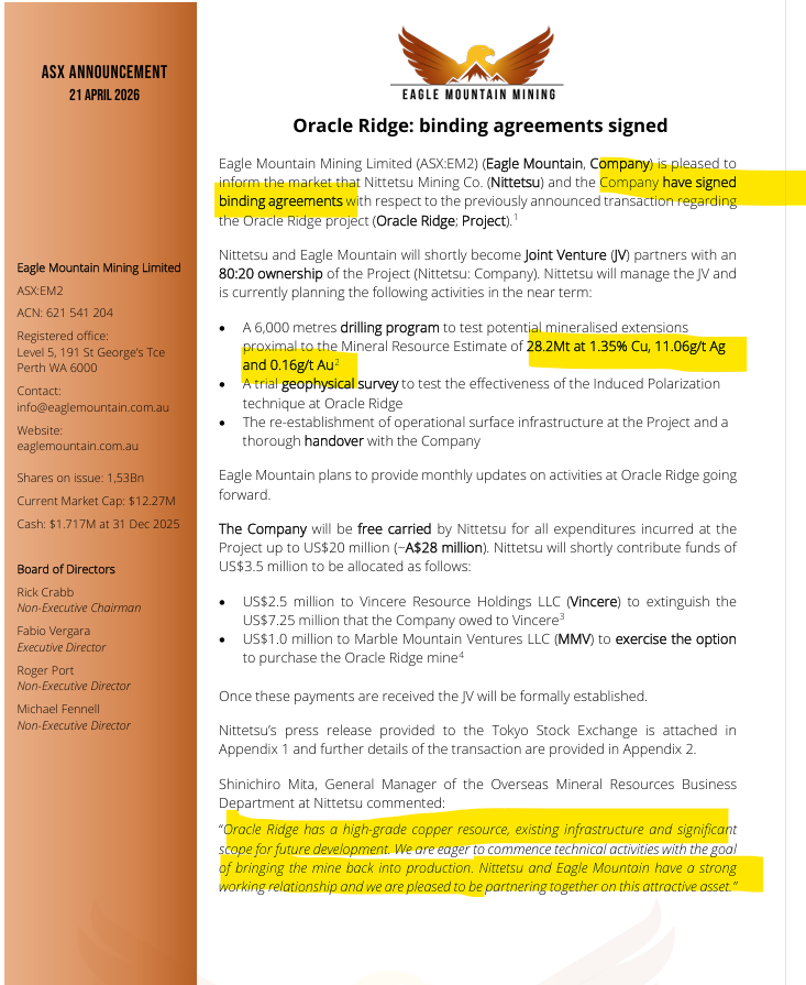 Christophe_Qld's tweet photo. #EM2 #EM2.ax and Nittetsu Minging sign binding agreements to get the Oracle Ridge #copper project into production! https://t.co/ZFI92DnHMC