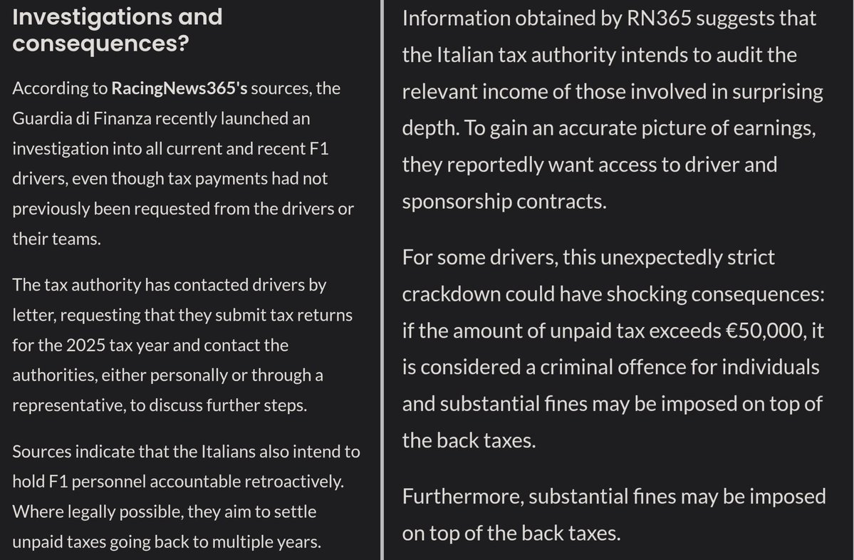 according to racingnews365, all current (and recent) drivers and teams are being investigated by the italian ministry of economy police.

foreign athletes are required to pay tax on the income obtained while racing in italy, so now the drivers are being investigated to know if