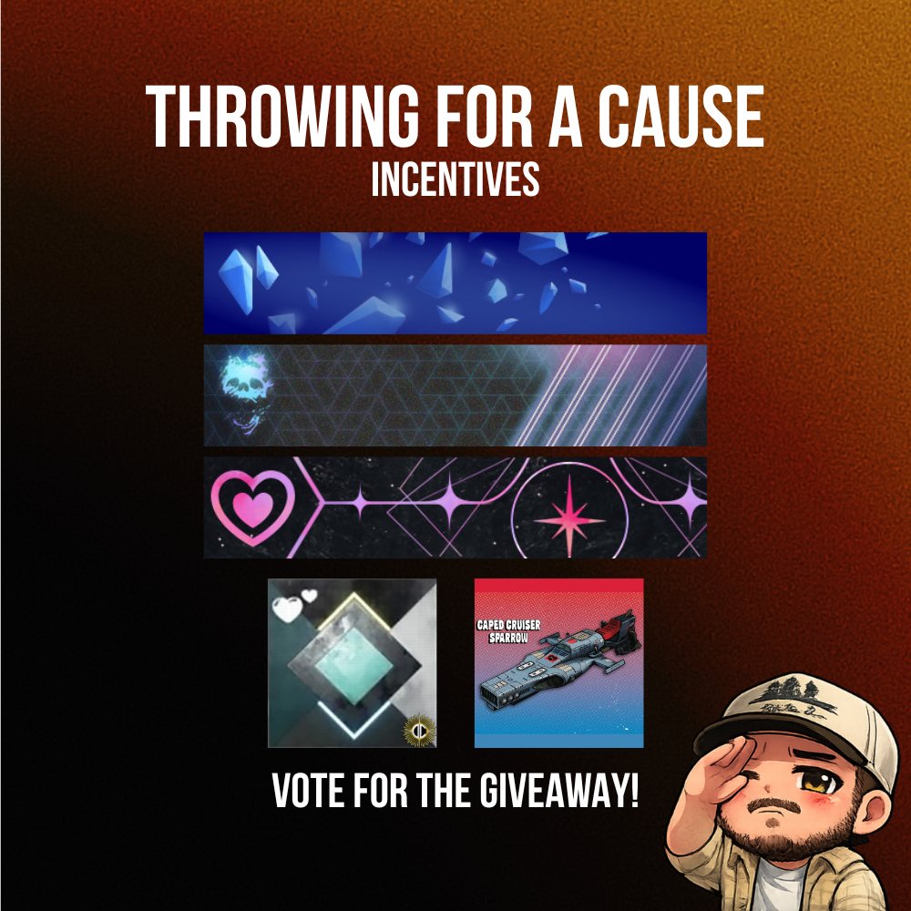 We've got some emblems and one will be given away this Saturday during our block for Throwing For A Cause! Go to the discord to vote on which one we give away, the others will be put up for donation! Huge W thank you <a href="/itsXRB/">XRB - The Throwfessional</a> and <a href="/BungieLove/">Bungie Foundation</a> Lets raise money for <a href="/StJudeResearch/">St. Jude Research</a>
