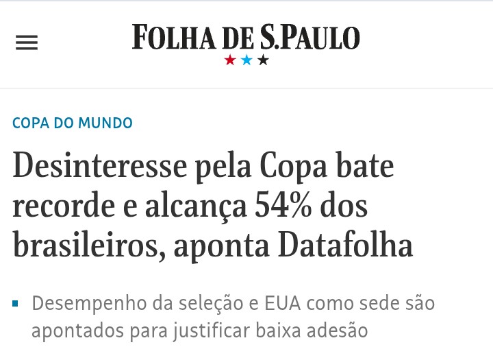 Desinteresse dos brasileiros pela Copa é o maior da história. Somente 17% tem grande interesse em acompanhar!

Os motivos? O primeiro, óbvio, o baixo rendimento da seleção. E o segundo? A sede nos EUA, presidido por Donald Trump, que é rejeitado por mais de 60% dos brasileiros.