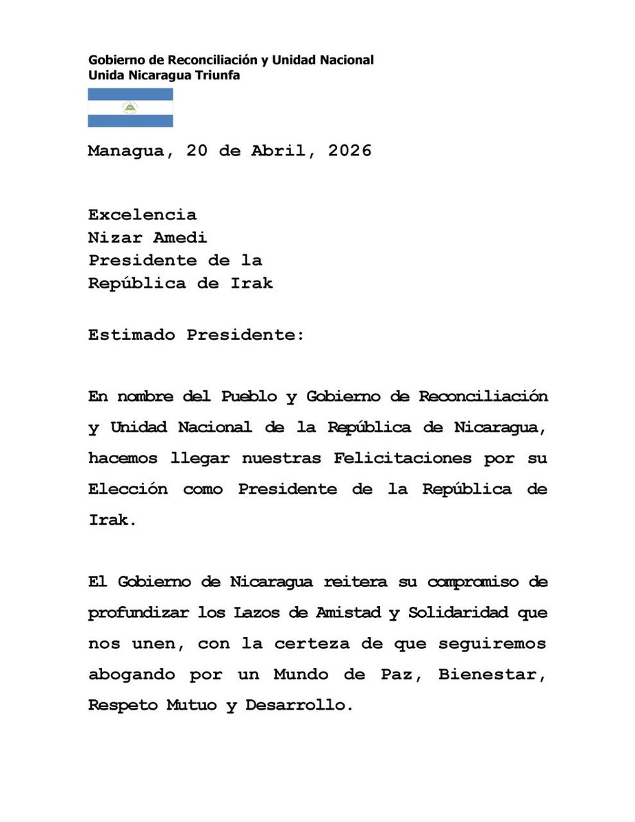 teleSURtv's tweet photo. #COMUNICADO | El Gobierno de la República de Nicaragua felicita a Nizar Amedi por su elección como presidente de la República de Irak. https://t.co/aiT5qLbLrD
