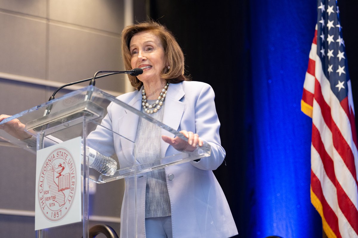 calstate's tweet image. “Education is the key to a democracy.” 

Thank you, @SpeakerPelosi, for welcoming the CSU team to Washington, D.C. during #CSUHillWeek and for nearly 40 years of bold, historic leadership and unwavering support for public #HigherEd and the CSU.