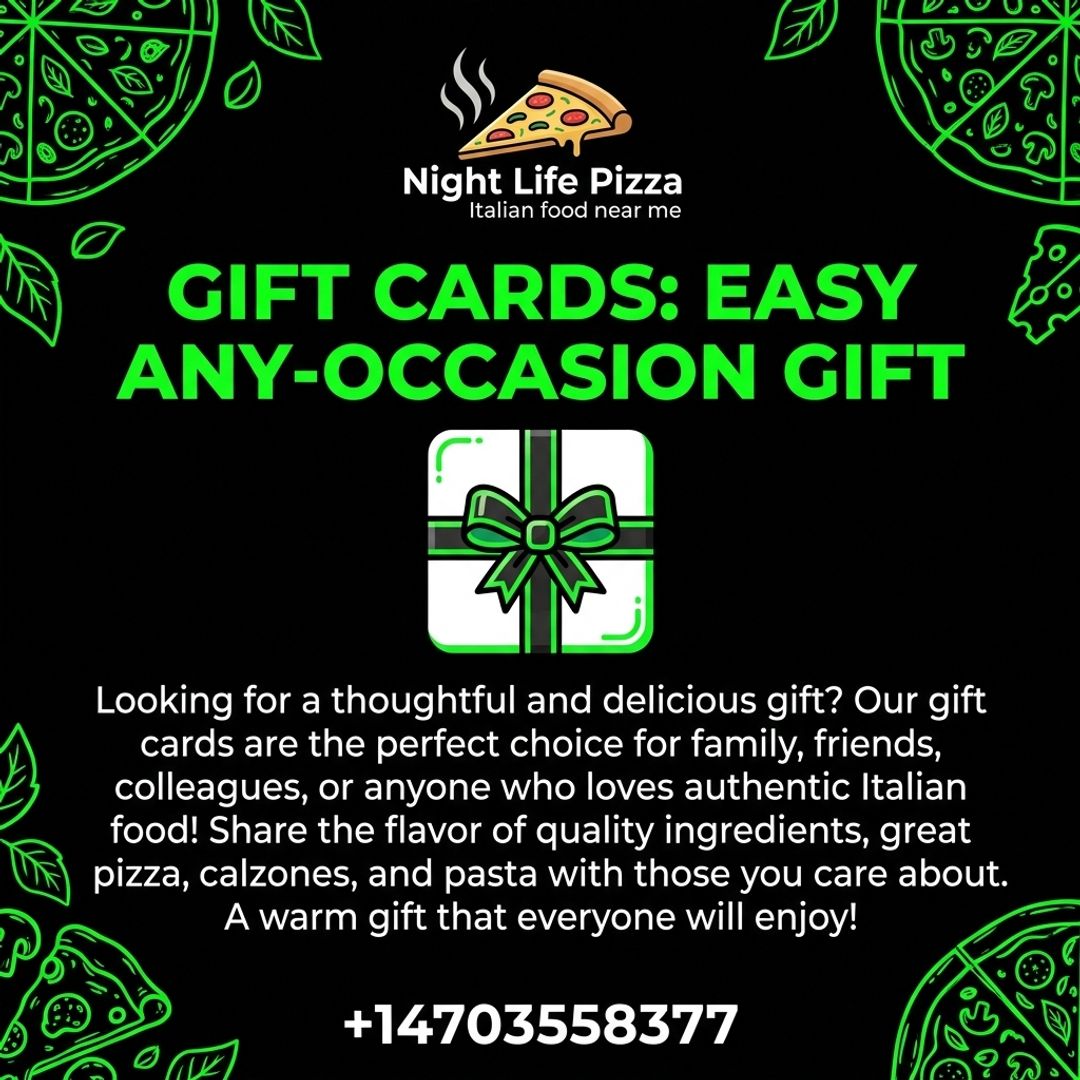 LifeNight55796's tweet photo. Send a Night Life Pizza gift card for birthdays, thank‑yous, or just because—an easy way to share authentic Italian flavor with family, friends, or anyone who loves great pizza, calzones, and pasta. #NightLifePizza #GiftCards #FoodGift #PizzaLovers #EasyGifting #ItalianF... https://t.co/wYqzxDJ4Gx