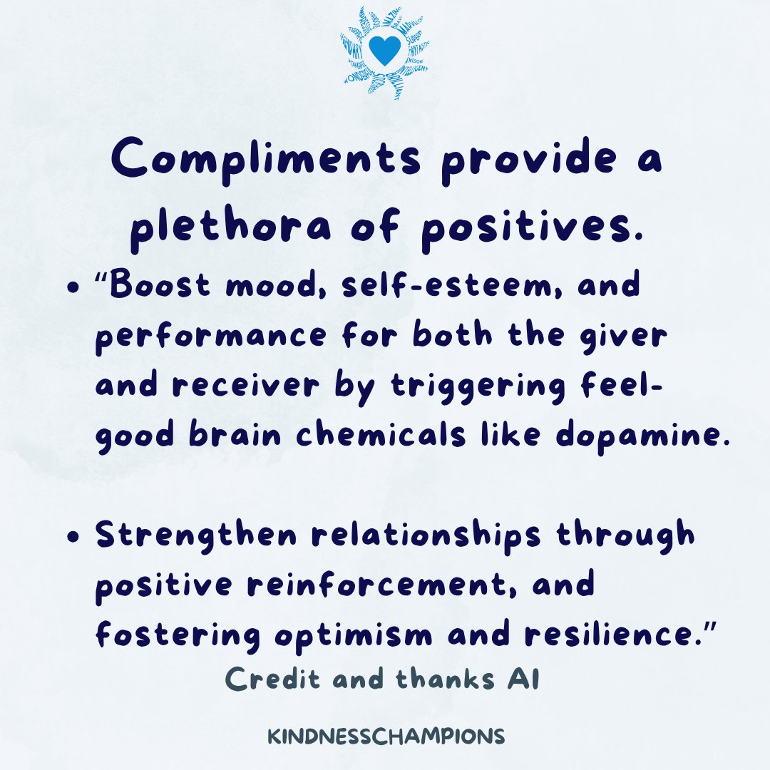 KindnessChamps's tweet image. "A compliment is verbal sunshine." Unknown

Hey extraordinary people🥰

There are many positive benefits to giving compliments - including when you give them to yourself🥳

Whenever and where ever you can compliment people with "verbal sunshine."☀️

Thanks AI😊
#compliment❤️