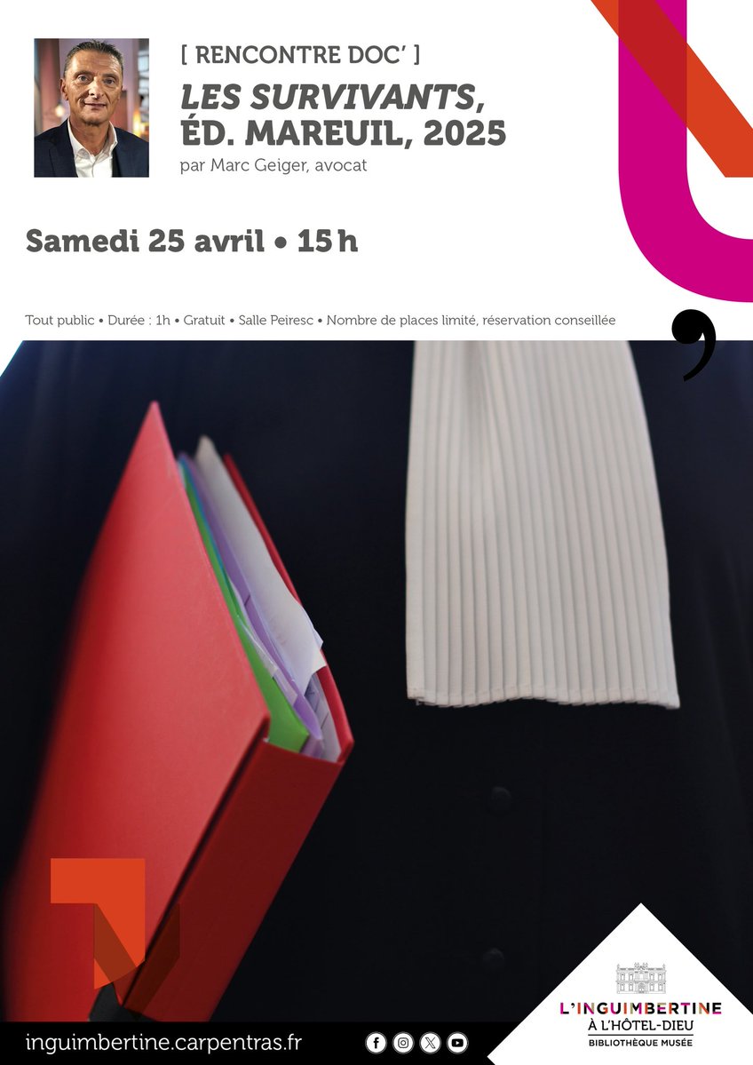 JeanTorrandell's tweet image. Idée sortie ce samedi 25 avril 15h à la bibliothèque multimédia de Carpentras ! 
Rencontre avec maître Marc Geiger pour son second livre…
#livre 
#rencontre #temoignages #assises