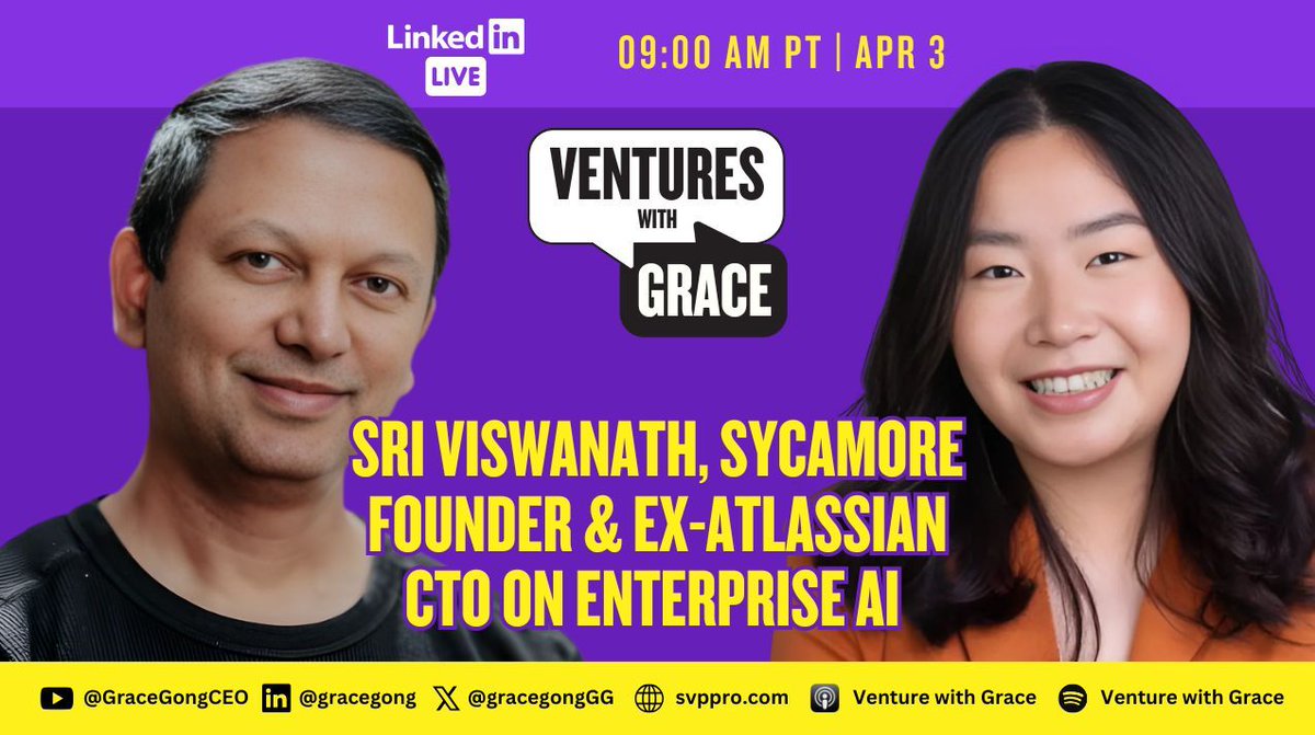gracegongGG's tweet image. Listen to my conversation with @SriViswan of @SycamoreLabs

Spotify: bit.ly/3v1R0Tu
Apple: bit.ly/4bTCwpD
Youtube: bit.ly/3uXthnv
LinkedIn: bit.ly/3Xs8GQP 

#EnterpriseAI #Startups #VC #CloudScale #AIAgents