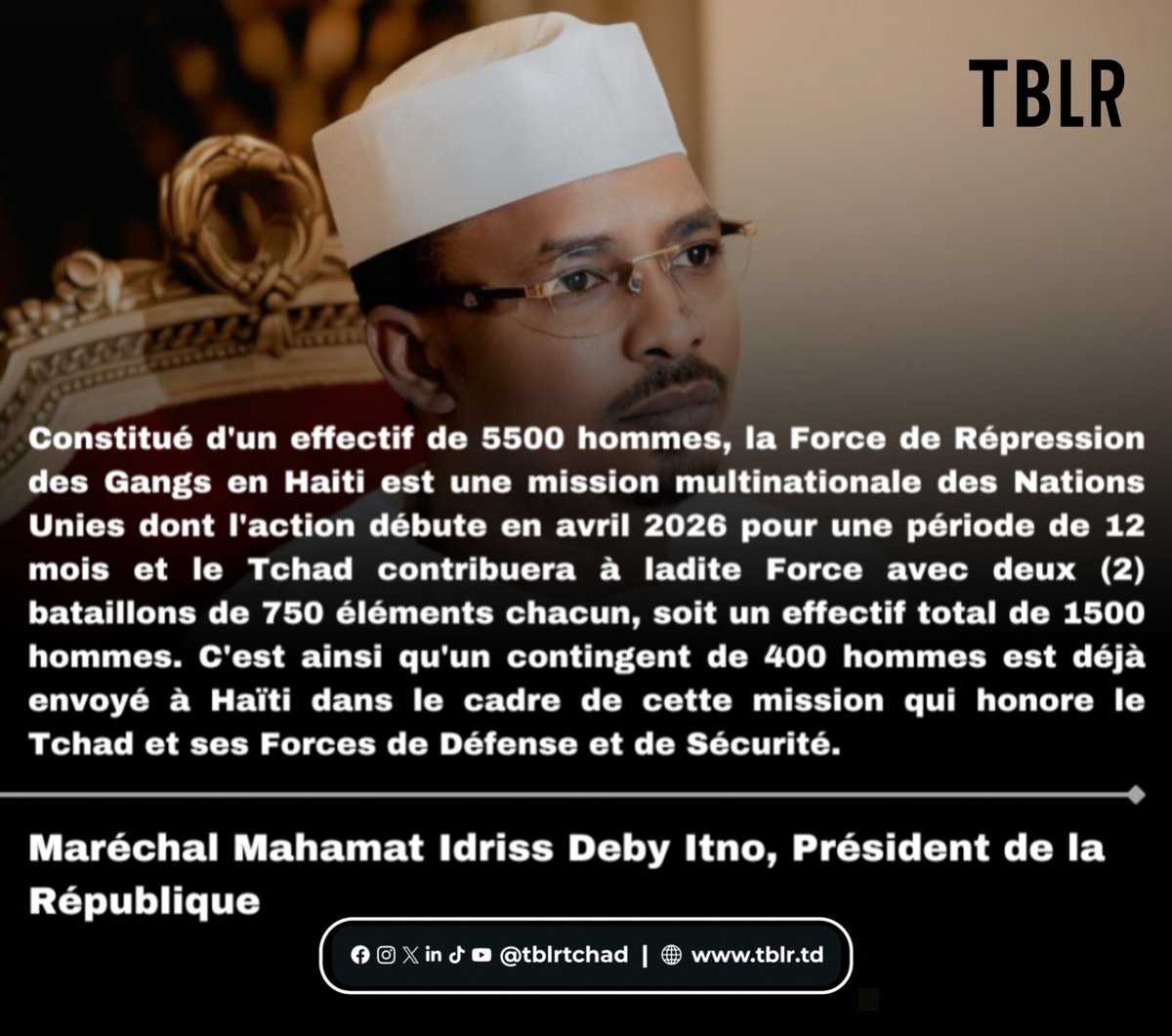 tblr_tchad's tweet image. Le Président Mahamat Idriss Déby Itno a déclaré que le #Tchad🇹🇩 s’engagera avec 1 500 militaires en #Haïti🇭🇹 afin de contribuer à la lutte contre les gangs armés. Un premier groupe de 400 soldats est déjà déployé sur place.
