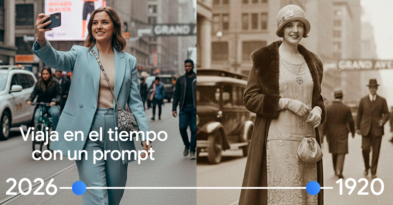 googleespanol's tweet photo. Tu máquina del tiempo digital ha llegado. 🕰️

¿Quieres actualizar esa foto familiar antigua? ¿O ver cómo sería tu look actual pero hace 100 años? 🧐

Gemini lo hace posible, manteniendo a las personas y recreando el momento con la estética perfecta.

Copia este prompt y sorpréndete:

"Actualiza esta foto como si hubiera sido tomada en 2026, manteniendo a las personas y recreando el momento con una estética actual."

O si lo que quieres es llevar el presente al pasado: 

“Modifica esta foto como si hubiera sido tomada en 1920, recreando el momento con la estética y la vestimenta de la época.”

¡Muéstranos el resultado!