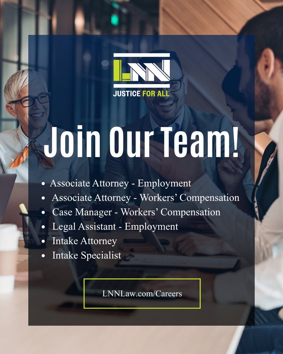 LNN_Law's tweet image. NOW HIRING!

We're growing and looking for passionate, driven individuals to join the #LNN team! 

📍 Los Angeles | Bakersfield | Hybrid

Visit LNNLaw.com/Careers for more details. 

#NowHiring #JoinOurTeam #LawFirm #JobOpportunity