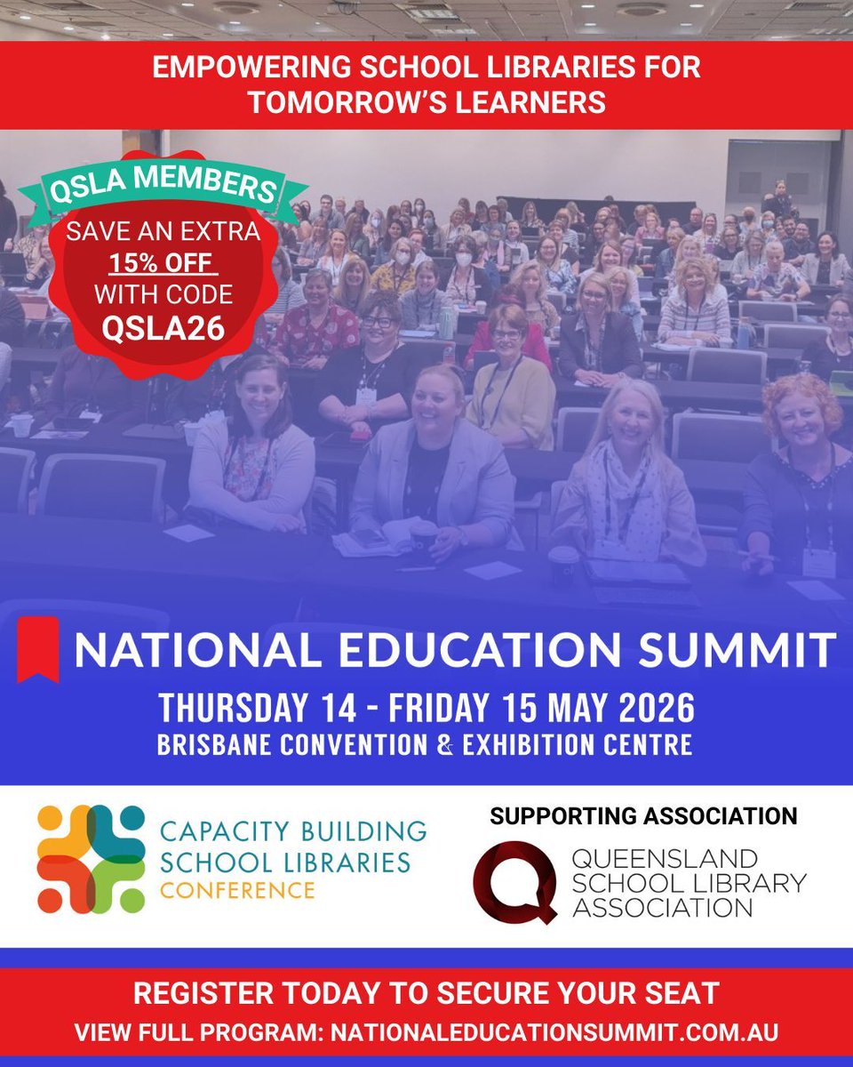QldSLA's tweet photo. Join school librarians from across Australia at the Capacity Building School Libraries Conference, part of NES Brisbane. QSLA members receive 15% off registration with code QSLA26. Secure your place today! 14–15 May 2026 | Brisbane Convention Centre https://t.co/nGxxbMTewx https://t.co/3D1XuTSIcl