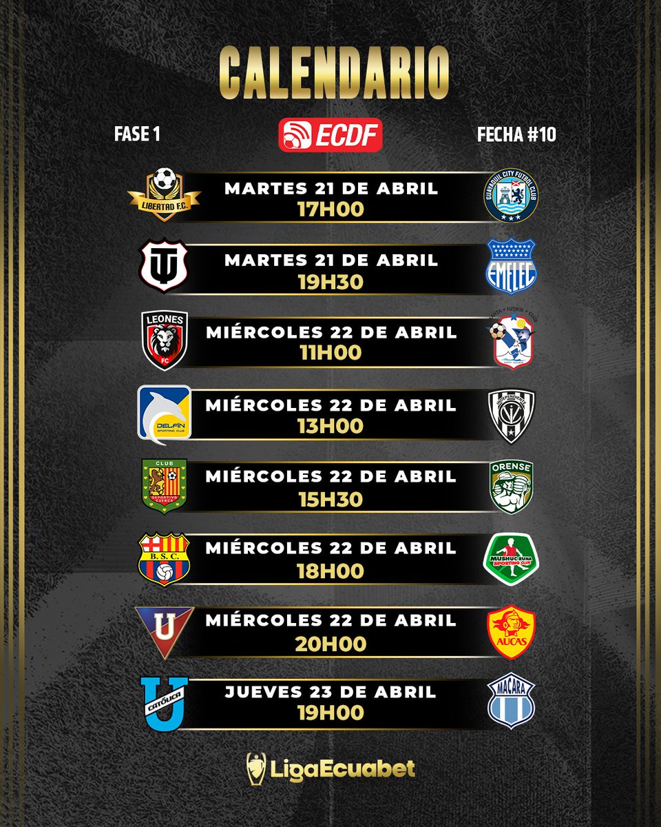 🔥🙌 ¡SE VIENE UNA NUEVA JORNADA EN EL FÚTBOL ECUATORIANO! 🇪🇨⚽️

#ECDF te presenta todos los partidos de la fecha 10 en la Liga Ecuabet. ✅