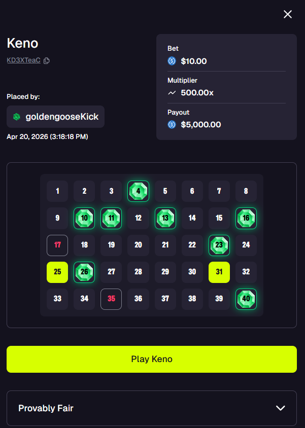 GoldenGooseG_'s tweet image. No other feeling like hitting a 500x on keno💪. Looks like I may be heading back to Vegas sooner than I thought lolll. Big shoutout to @goatedcom 🙏

$GOATED #GOATED
