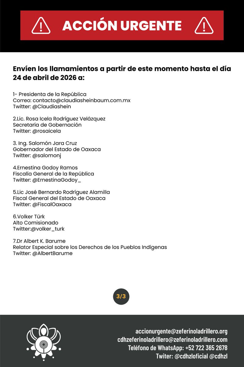 cdhzloficial's tweet photo. #AcciónUrgente | Indígenas integrantes del @MULTI_Oficial1 fueron privados de la vida en la comunidad de Concepción Carrizal, #Copala, #Oaxaca, #México
AU/CDHZL: 6/2026
#VerdadYJusticia
@Claudiashein @rosaicela_ @salomonj @FISCALIA_GobOax @arturomedinap @volker_turk https://t.co/4kWJ0c2EWY