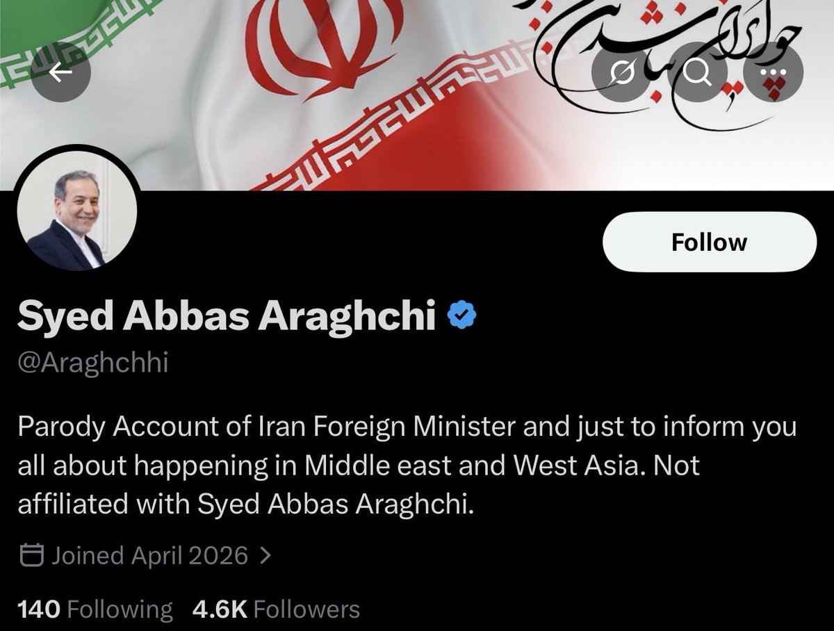 SuppressedNws1's tweet photo. So X is allowing a Parody account of Araghchi to have a blue check but Araghchi himself doesn’t have one.

Most of the people sharing this account don’t even know it’s not the real one. https://t.co/YZhVYI5sfy