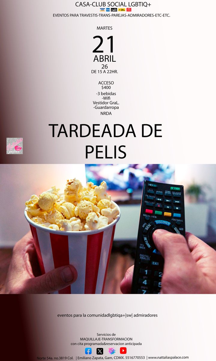 TARDEADA DE PELIS 
✪EVENTOS DE INCLUSION-CASA LGBTIQ+, SW&amp;GENTE DIVERSA 
✪MART.21.ABRIL.2026 
✪de 3pm a 22hr 
✪ACCESO $400 
✪3 BEBIDAS 
✪ESTANCIA 
✪SNACK ✪WIFI 
✪CAMERINO GRAL 
✪GUARDARROPA 
✪NRDA 
#LIVEIncentiveProgram #LIVEIsEasy