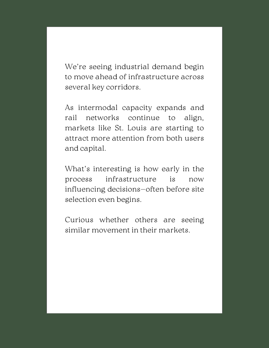 parsonsbroker's tweet image. Infrastructure is no longer just supporting demand—it’s shaping it. Markets like St. Louis are proving how intermodal growth and rail alignment drive investment decisions earlier than ever.

#IndustrialRealEstate #CREInsights #InfrastructureGrowth #LogisticsStrategy #MarketTrends
