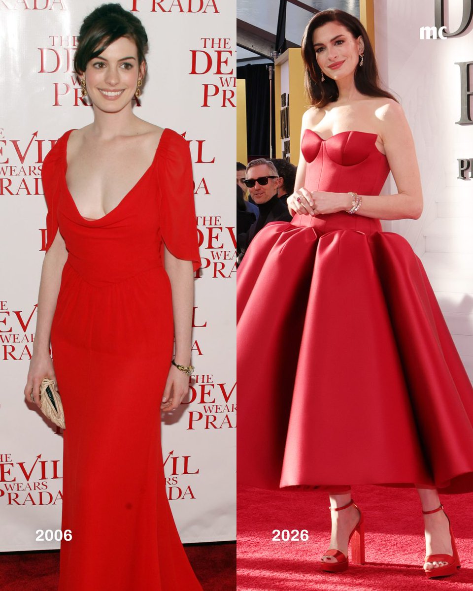 marieclaire's tweet image. Gird your loins! 20 years ago, the cast of 'The Devil Wears Prada' walked their first red carpet. Enjoy as we scream at these side-by-side comparisons.

photos: #AnneHathaway / #MerylStreep / #EmilyBlunt / #StanleyTucci via Getty Images