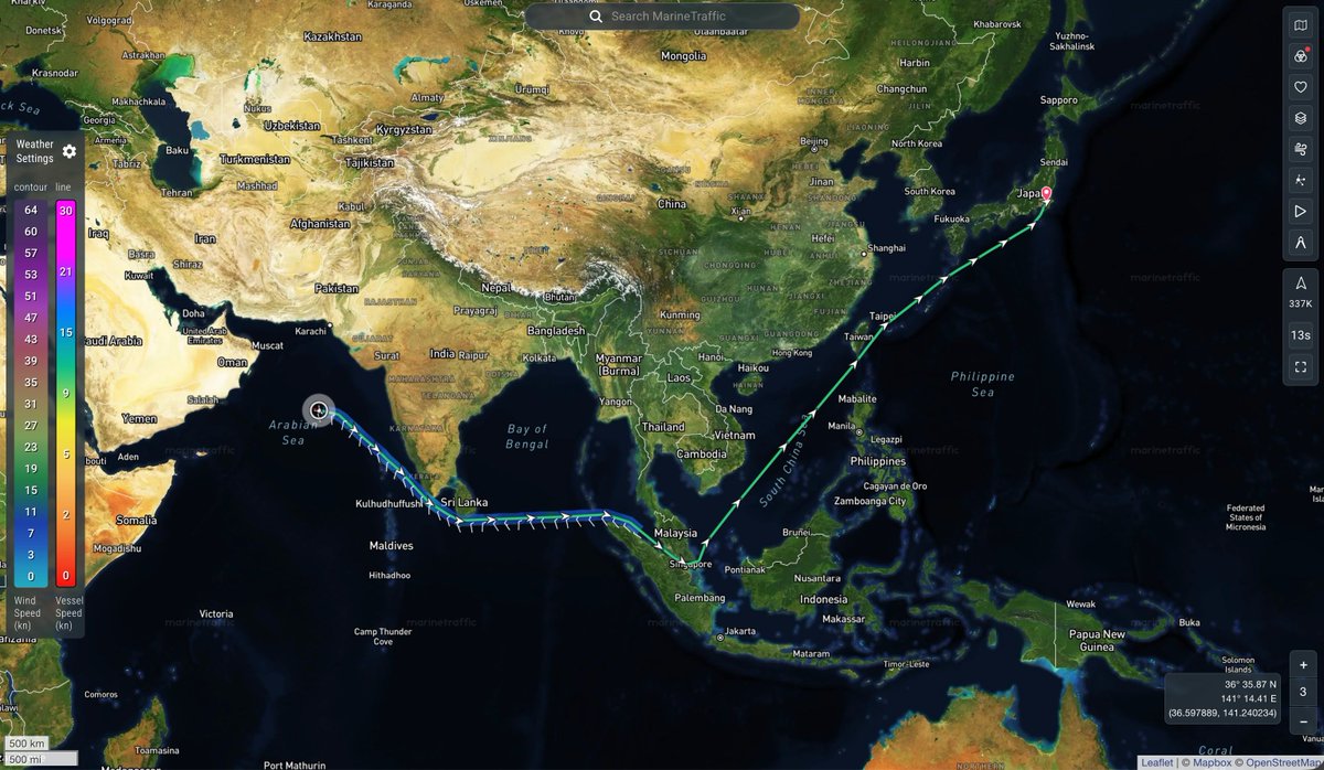 UAEのフジャイラを出発し，千葉を目指している原油タンカー「NEW PARADISE」。

原油を満載しています。現在，アラビア海を航行中。

5月7日に到着予定です。