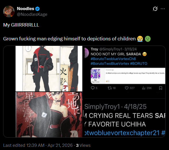 41_42_59_53_53's tweet photo. @SimplyTroy2 @7minus1  Randomly Projected himself Gooning to sarada onto yall💀💔💔💔💔 He thinks i didnt catch it too btw, he deleted https://t.co/uAKBT2esYZ