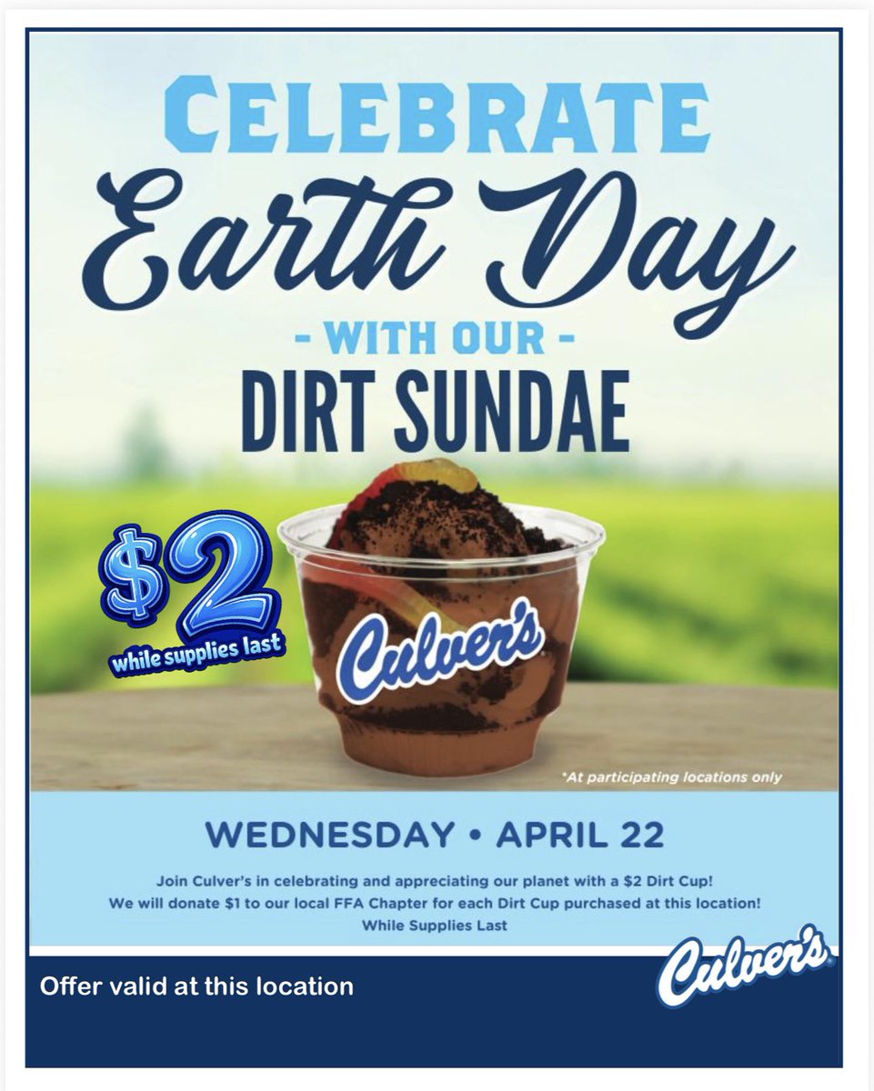 Thank you to Culver’s in Rice Lake for their support of FFA!
Enjoy a "Dirt Cup on Earth Day" and support your local FFA Chapters!
#CameronComets