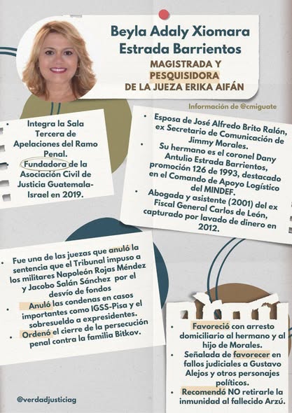 Ella es Beyla Estrada Barrientos. 
Al servicio de la impunidad y de los militares.

La primera es conformar la nomina para Fiscal General 2026-2030