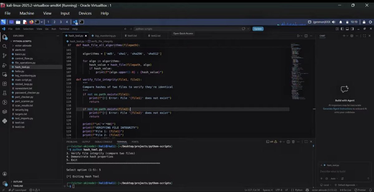 Wura4Cyber's tweet image. Day 94/100 🔐
Built a Python hashing tool (SHA256, MD5, SHA1)

Tested file integrity → even 1 tiny change completely changes the hash 😳 (avalanche effect)

Cybersecurity is wild 
#Python #Cybersecurity #100DaysOfCode
@VAInitiatives