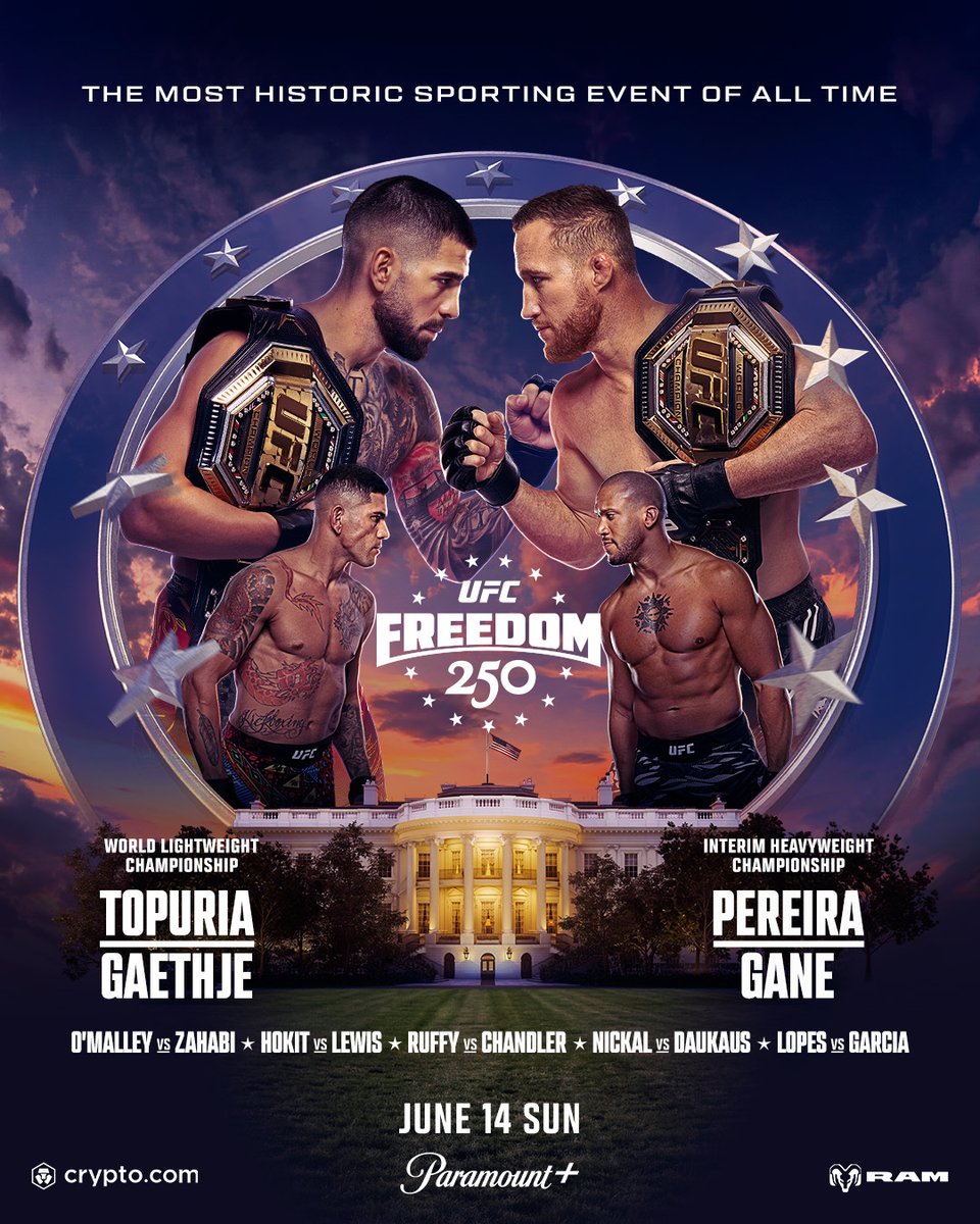 HISTORY IN THE MAKING

The official art for #UFCWhiteHouse is here! 

Request tickets for the UFC Freedom 250 Fan Fest here: UFC.ac/4cvNFOu