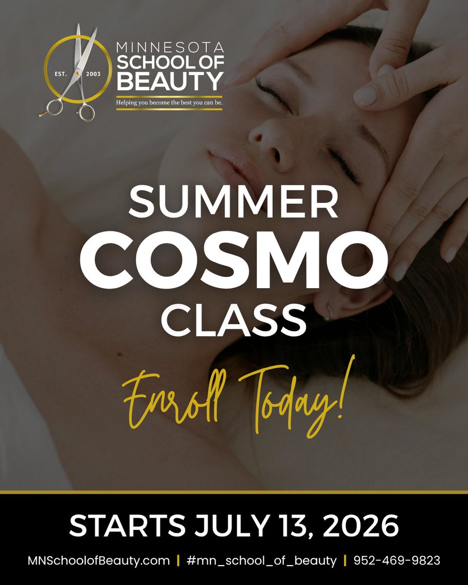 mnschoolbeauty's tweet image. Cosmetology Class starts July 13th, 2026! Master every technique and become a sought-after professional at MNSB. Your rewarding career starts here—schedule your tour today! 📞 Call Admissions: 952-469-9823 #LakevilleMN #Cosmetology #NewCareer #mn_school_of_beauty