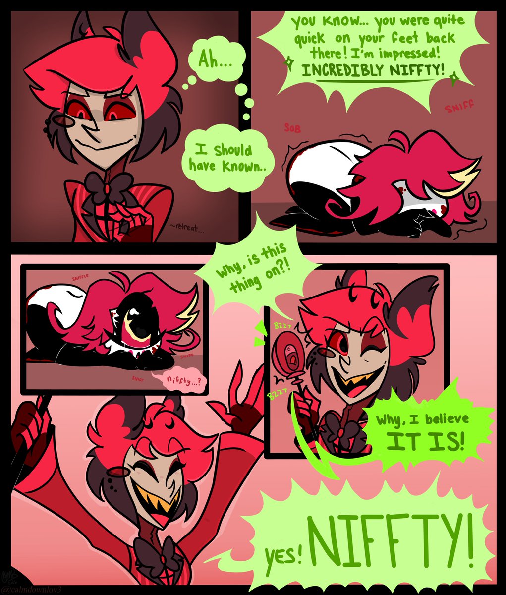 Calmdownlov3's tweet photo. ''When Alastor met Niffty'' - Page 7 &amp; 8
TW ⚠️:  Blood, references of domestic abuse, Non-sexual Nudity (censored), lowkey murder

#alastor #alastorhazbinhotel #nifftyhazbinhotel #niffty #hazbinhotelfanart #fancomic #fanart #smallartaccount https://t.co/wfcMeDVUtU