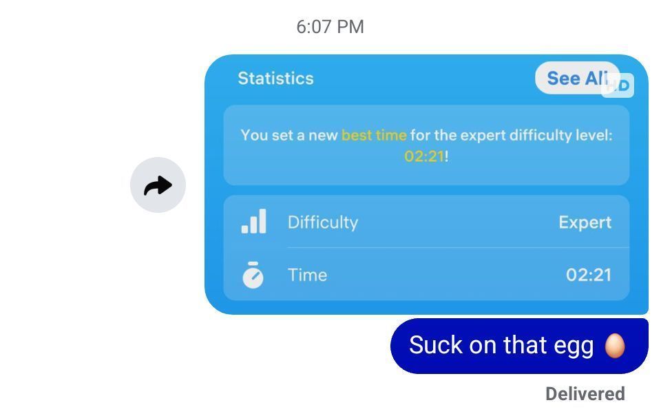daisysmells's tweet photo. 🏆 Two weeks ago my brother destroyed my Sudoku confidence. So I've been practising — Expert every day since. New best time: 2:21.
Sent him the screenshot. He hasn't replied yet. I'll wait 🥚 https://t.co/h9jqW4e5Mw