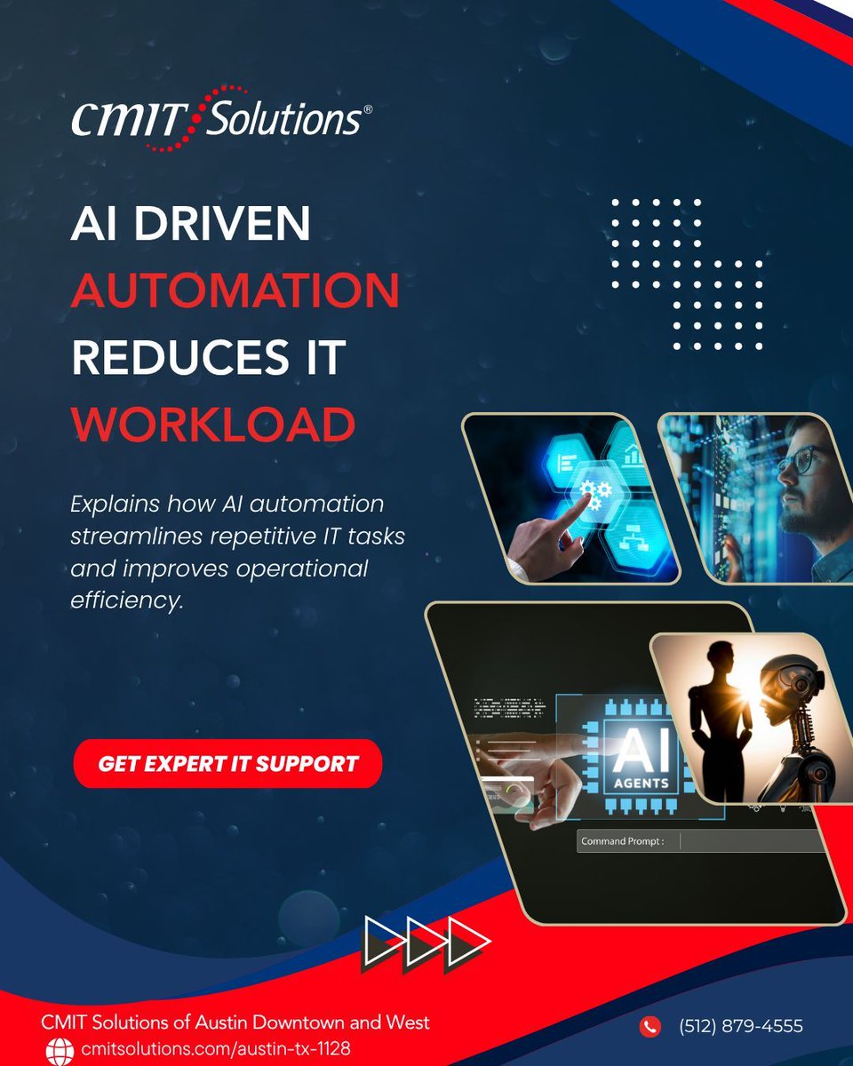 cmitatx's tweet image. Repetitive IT tasks consume valuable time and resources. AI driven automation improves efficiency and allows IT teams to focus on strategic initiatives. Visit cmitsolutions.com/austin-tx-1128/ or call (512) 879-4555 #AIAutomation #AustinBusinessEfficiency #ManagedITServices