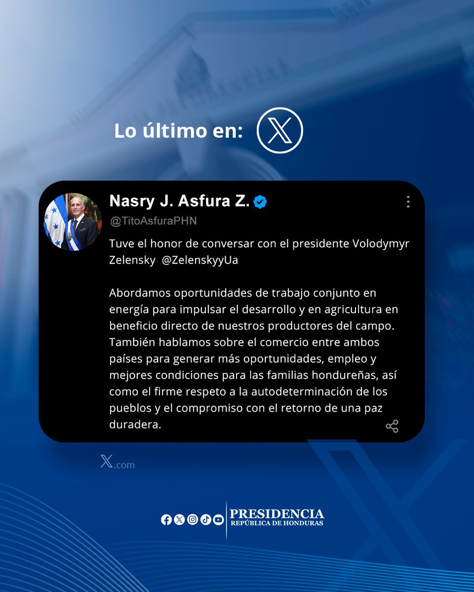 hnpresidencia's tweet photo. 𝗟𝗼𝘀 𝗽𝗿𝗲𝘀𝗶𝗱𝗲𝗻𝘁𝗲𝘀 𝗡𝗮𝘀𝗿𝘆 𝗔𝘀𝗳𝘂𝗿𝗮 𝘆 𝗩𝗼𝗹𝗼𝗱𝘆𝗺𝘆𝗿 𝗭𝗲𝗹𝗲𝗻𝘀𝗸𝘆 𝘀𝗼𝘀𝘁𝘂𝘃𝗶𝗲𝗿𝗼𝗻 𝘂𝗻𝗮 𝗰𝗼𝗻𝘃𝗲𝗿𝘀𝗮𝗰𝗶𝗼́𝗻 𝗼𝗳𝗶𝗰𝗶𝗮𝗹 𝗽𝗮𝗿𝗮 𝗮𝗯𝗿𝗶𝗿 𝘂𝗻𝗮 𝗮𝗴𝗲𝗻𝗱𝗮 𝗱𝗲 𝗰𝗼𝗼𝗽𝗲𝗿𝗮𝗰𝗶𝗼́𝗻 𝗲𝗻𝘁𝗿𝗲 𝗛𝗼𝗻𝗱𝘂𝗿𝗮𝘀 𝘆 𝗨𝗰𝗿𝗮𝗻𝗶𝗮

Durante el diálogo abordaron oportunidades conjuntas en energía, agricultura, comercio, digitalización y nuevas tecnologías, orientadas a generar más desarrollo, empleo y oportunidades para ambos pueblos.

Honduras continúa ampliando alianzas internacionales con visión de futuro.

@ZelenskyyUa @TitoAsfuraPHN @SEPresidencial