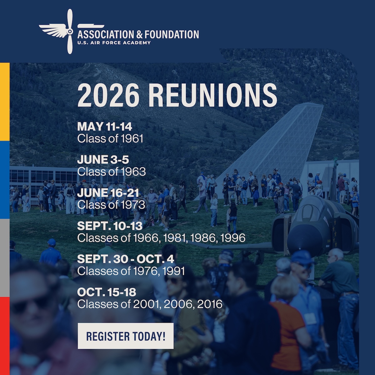 AirForceGrads's tweet photo. 📅 Mark your calendar and register for your reunion: https://t.co/X1nnSkWrXl

Join your USAFA classmates for an unforgettable weekend. Whether it’s been 10 years or 65, this is your chance to reconnect, reminisce and make new memories.

@af_academy https://t.co/gIdqHP4pkw