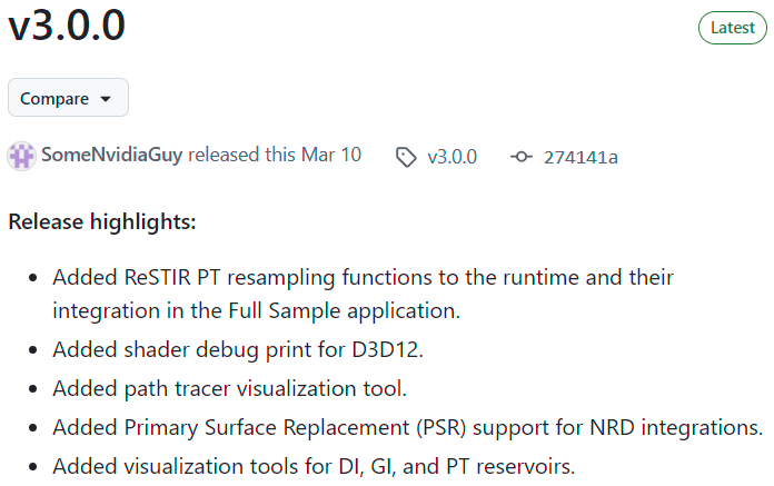 opinali's tweet photo. Let's check NVidia's RTXDI SDK. Huge update v3.0.0, published Mar 10: a month before the paper. Highlights include "ReSTIR PT resampling functions", that doesn't sound super specific.

But this SDK is mostly samples and docs, the runtime is in a separate project RTXDI-Library. https://t.co/sq7vl707VQ