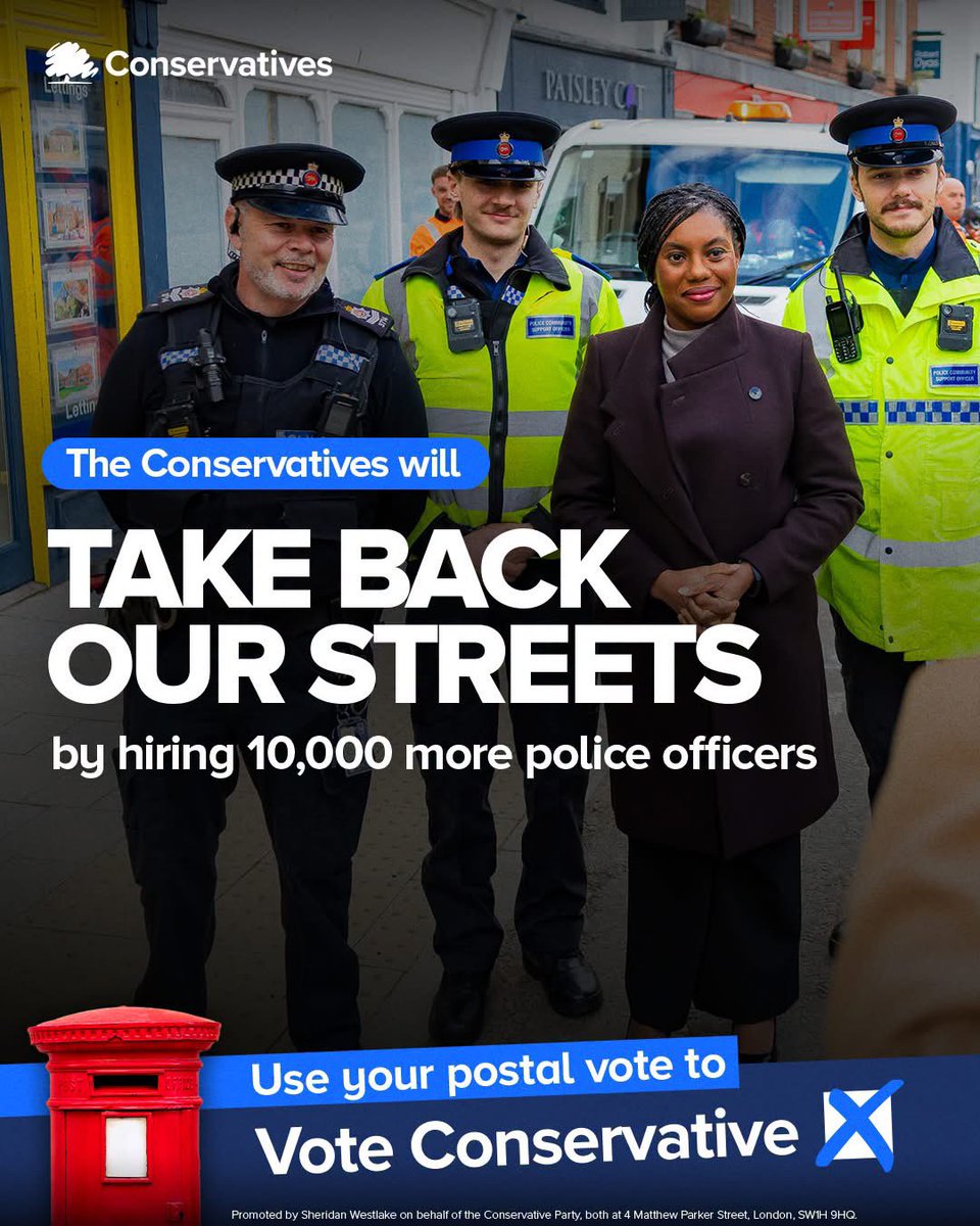 ToryVote_'s tweet photo. Use your postal vote to back our plan to hire 10,000 extra police officers, paid for by cutting welfare and shrinking the size of the Civil Service.

Vote Conservative. https://t.co/QIruhwdIFb