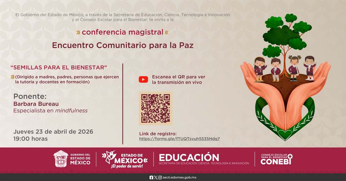 CONEBIedomex's tweet image. Esta semana te esperamos en “Semillas para el Bienestar” 🌱👉🏻 youtube.com/live/f0_W32kuO… con el tema  “Encuentro comunitario para la paz” 🕊️
Jueves 23 de abril | 19:00 horas
Realiza tu registro ✍🏻 forms.gle/fTUQTsvuh5535H… 
¡Te esperamos!
#ElPoderDeLaEducación
#SomosCONEBI