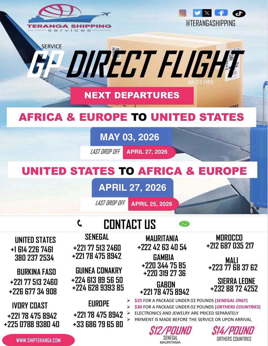 📦 Expédiez vos colis rapidement, en toute sécurité et de manière sécurisée
🗓 Départ : 27 avril et 03 Mai

💰 À partir de 12/lb &amp; 14 $/lb
⚠️ Électronique &amp; bijoux facturés séparément

⏳ N'attendez pas — déposez votre colis dès aujourd'hui !

🌐 shipteranga.com