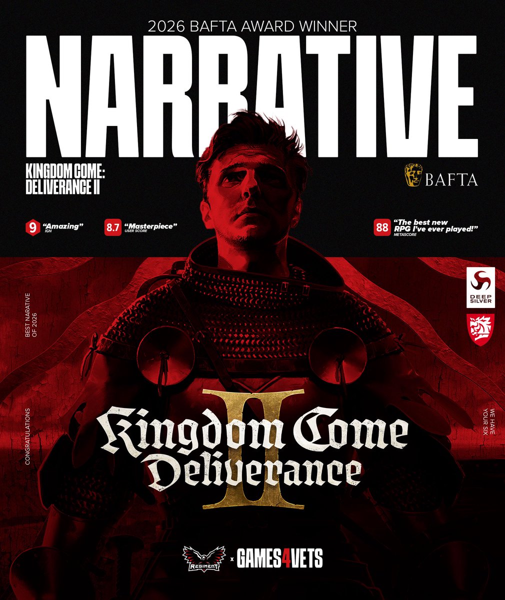 RegimentGG's tweet photo. Congratulations to our friends at @KingdomComeRPG for winning the @BAFTA Award for Best Narrative! 👏

#WeHaveYourSix | #Games4Vets https://t.co/3Bcm4oMnzy