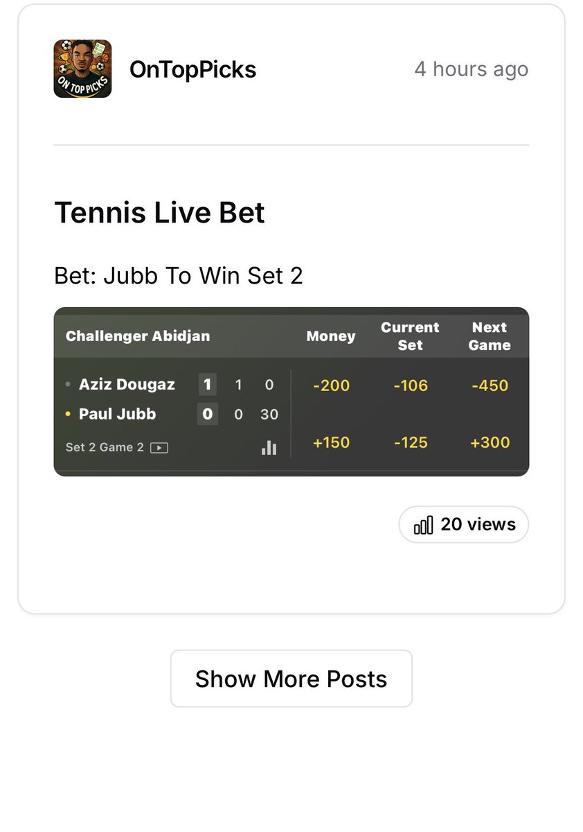 OnTopPicks's tweet photo. Streak continues 🔥🎾
Paul Jubb Wins Set 2 ✅
That’s 8 straight max bet winners — play after play after play.
Still 100% on NBA playoffs, 5-0 on last MLB bets, and we just cashed a live tennis comeback that didn’t even look good at first 💰
#SportsBetting | #WinMore https://t.co/hWto7YICix