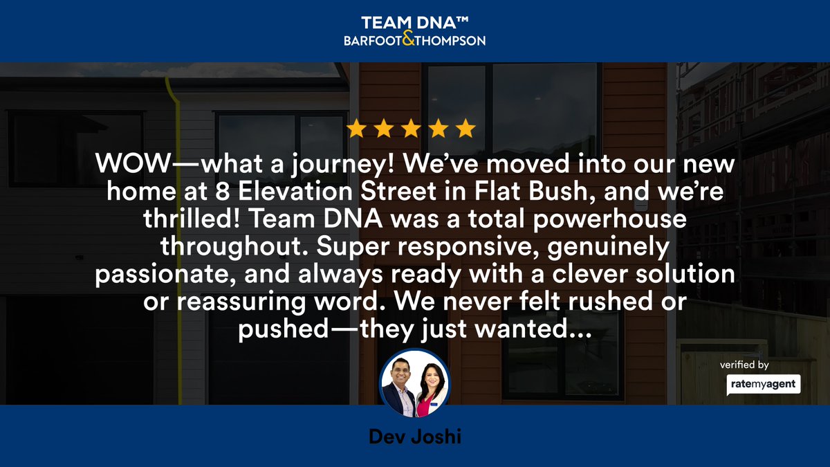 DevJoshiNZ's tweet photo. Our latest review in Flat Bush.

TOP SALESPERSON &amp; TEAM in Flat Bush
TEAM DNA - Dev &amp; Anju, We are your #1 Choice! 
Award-Winning Real Estate Duo | South &amp; East Auckland Experts
Call us now 0224193400 / 0225889878
Licensed REAA 2008

#TEAMDNA...
https://t.co/rWEZq7PLR4 https://t.co/uvnmgh3I8U