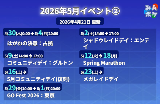 pokemongo_db's tweet photo. 【2026年5月イベントまとめ】

✅伝説レイドにウツロイド、デンジュモク、カプ・ブルル、カプ・レヒレが登場
✅デンジュモクと同時に、マッシブーンとフェローチェも海外レイドに登場
✅メガレイドにメガバクーダなどが登場 
✅マックスバトルにモンメン、レジスチル、ミツハニーが初登場 
など

https://t.co/GAsQ0SEg88 #ポケモンGO
