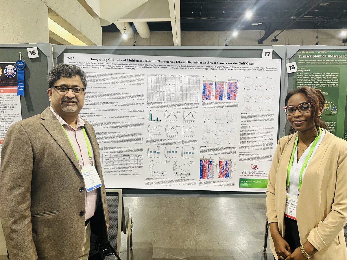 Babker_Path's tweet image. Grateful to be presenting our work at #AACR2026 and reconnecting with outstanding mentors along the way.  

A special highlight was meeting with Dr. Singh, former USA Health Research Director. 
Thanks to all the mentors and colleagues for the guidance and support.  @PathologyUSAH