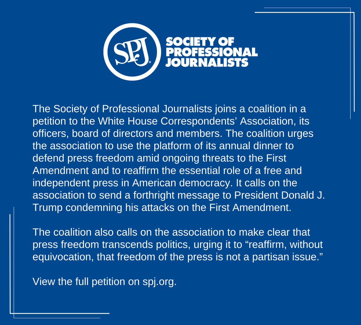 spj_tweets's tweet image. SPJ joins a coalition petitioning @whca to use its annual dinner to defend press freedom, reaffirm First Amendment rights and condemn attacks on the press.

🔗View the petition and full list of signatories: bit.ly/4tnZJbx