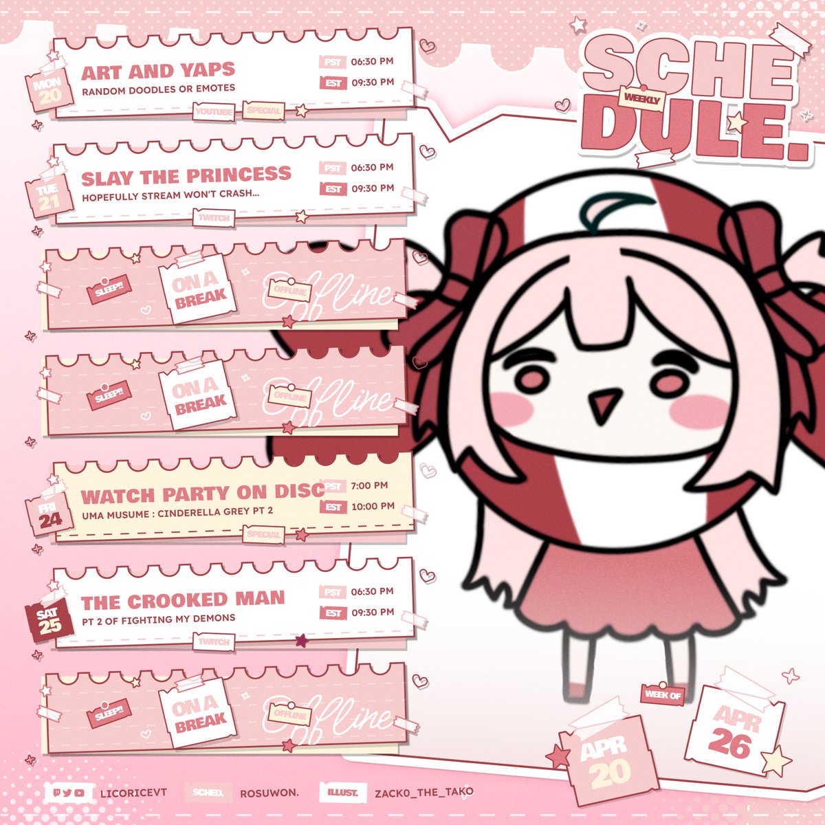 licoriceVT's tweet photo. 💖WEEKLY SCHEDULE  - 04/20 to 04/26💖

Anemia acting up so there's a small chance I may have to move around the schedule but I'll try my best not to cancel! I'm having a nice streak of not cancelling streams (｡T ω T｡) https://t.co/L8ZpUOlrSM