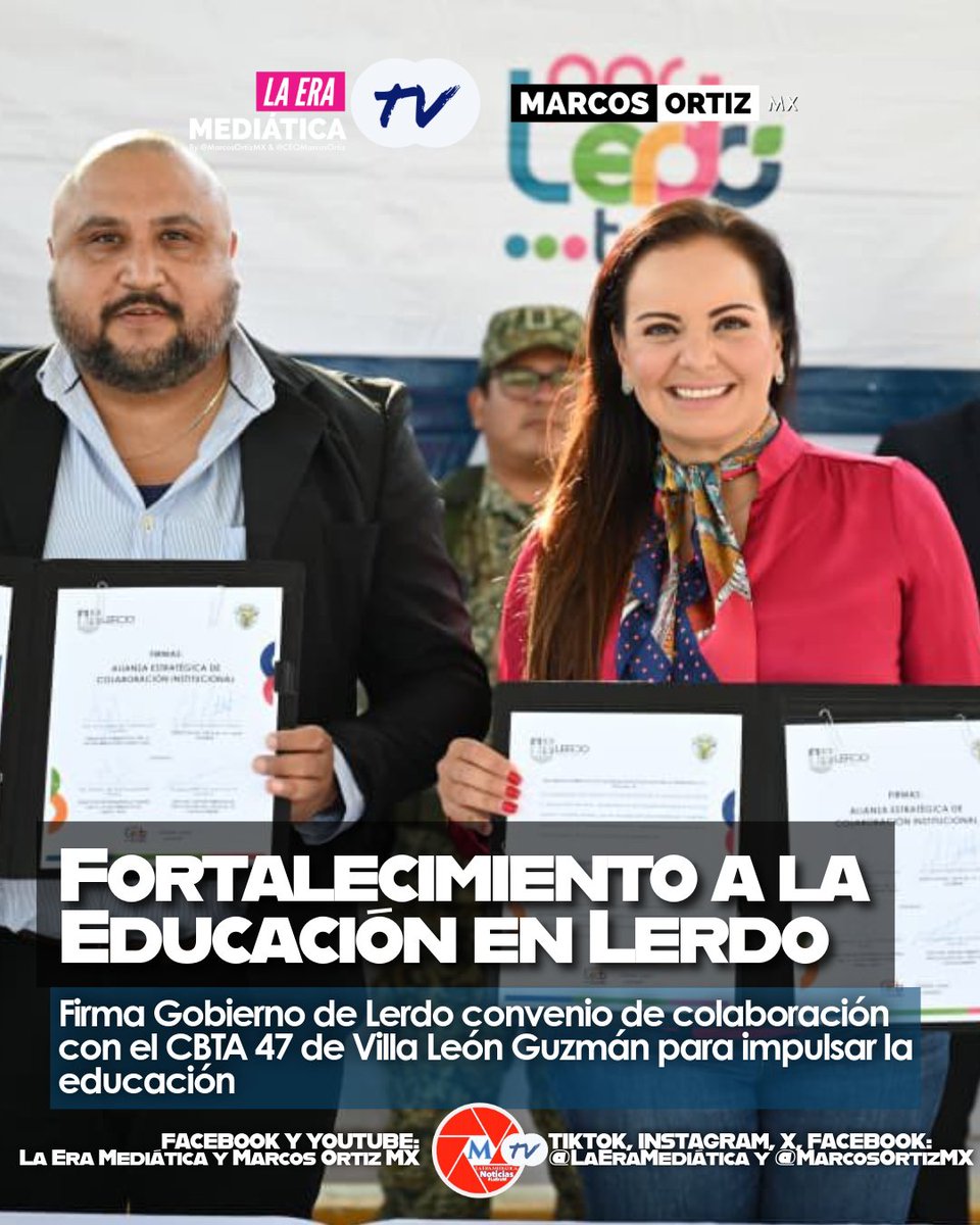 LaEraMediatica's tweet image. #LaEraM #TV | #Lerdo Firma Gobierno de Lerdo convenio de colaboración con el CBTA 47 de Villa León Guzmán para impulsar la educación   #LaEraMediáticaTV @CEOMarcosOrtiz @SCTorrecillas