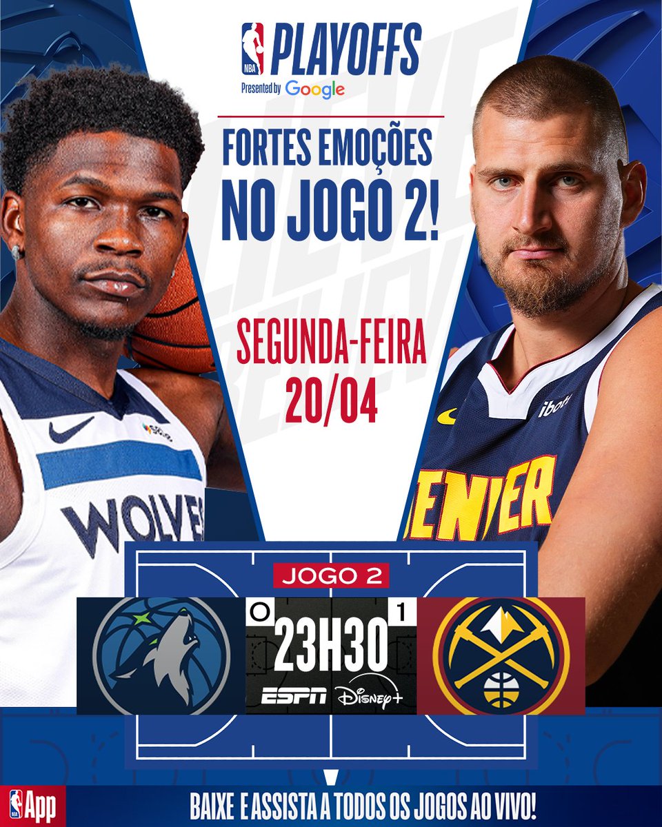 NBABrasil's tweet image. Os Nuggets começam com a vantagem e vão jogar em casa nessa segunda, a partir das 23h30. 📺 Quem leva hoje, torcedor(a)? 🏀 Denver abre 2-0 ou os Wolves igualam tudo?

#NBATuneIn #NBANaESPN #NBAPlayoffs