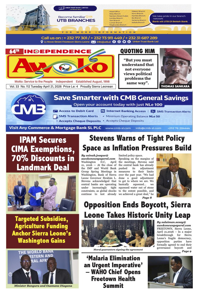 awokonewspaper's tweet image. Tuesday 21st April Edition ... #SierraLeoneNewspapers
#Awokonewspaper
#freetown
@awokonewspaper
#SierraLeone
#SaloneX
Follow our channel whatsapp.com/channel/0029Va…
