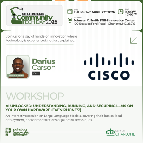 PCFhq's tweet photo. We’re highlighting our lineup of exhibitors, including one from Cisco called AI Unlocked: Understanding, Running, and Securing LLMs on Your Own Hardware. 

Don’t miss this deep dive into AI this Thursday, April 23, at Charlotte Community TechDay! https://t.co/LPtI0Z8HUa