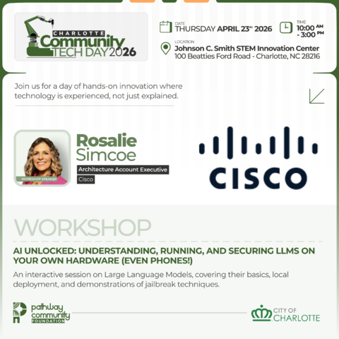 PCFhq's tweet photo. We’re highlighting our lineup of exhibitors, including one from Cisco called AI Unlocked: Understanding, Running, and Securing LLMs on Your Own Hardware. 

Don’t miss this deep dive into AI this Thursday, April 23, at Charlotte Community TechDay! https://t.co/LPtI0Z8HUa
